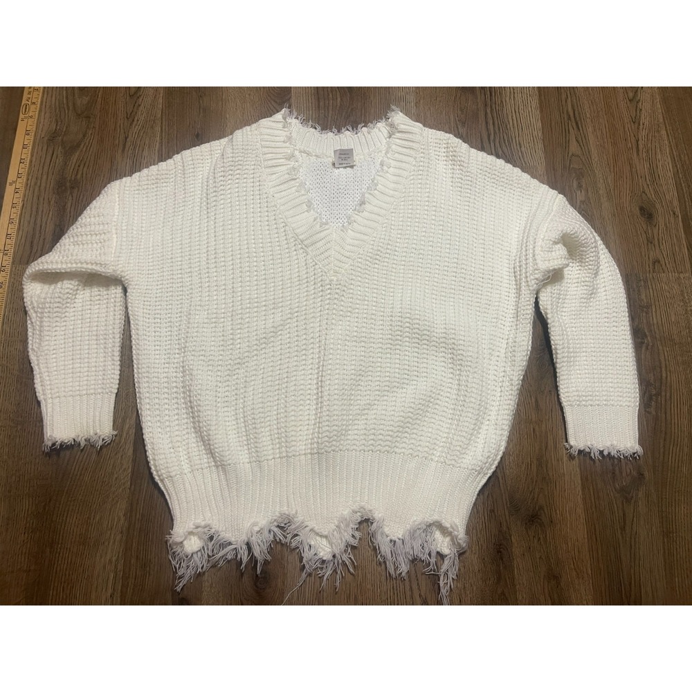 Main Strip Sweater, Women's Large, White, V-neck, Long Sleeve, Knit, Pullover